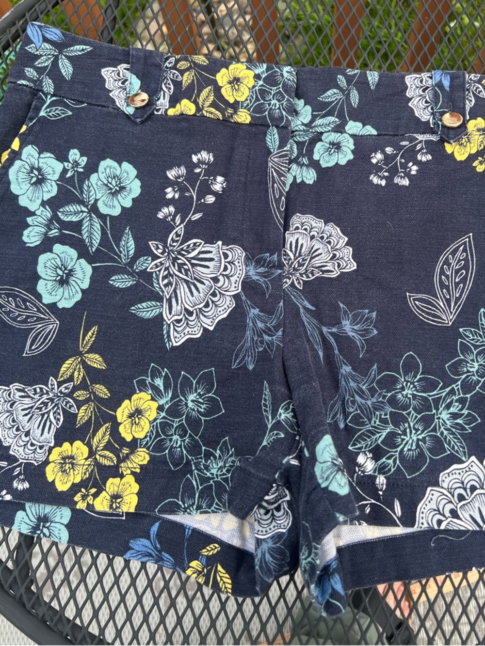 LOFT Women’s Navy Botanica Jean Shorts with Aqua, Blue & Yellow Print Pockets